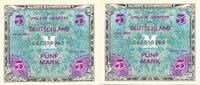 3. Reich, Deutschland, Alliierte Besatzung 2x 5 Mark Besatzungsgeld US-Druck mit Geheimzeichen F, KN 9 stellig, folgende Serien Nr. -