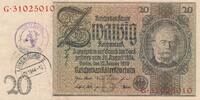 Deutschland Weimarer Republik 3. Reich Luxemburg 20 Reichsmark mit luxemburgischem Gemeinde-, Post-, Sparkassenstempel, je 2 KN auf Vs. und Rs. -