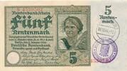 Deutschland Weimarer Republik 3. Reich Luxemburg 5 Rentenmark mit luxemburgischem Gemeinde-, Post-, Sparkassenstempel, KN 7Stellig Serie S -