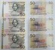 Schweden 50 Kronor , 3 Scheine 3x folgende Nummern, Seriendruck -