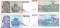 Jugoslawien 1.000 und 50.000 Dinara Banknote Geldscheine 1000 (1994) und 50000 (1993) Dinara (unc) 2 Scheine -
