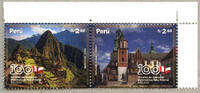 Briefmarken Peru 2023 Polen Diplomatische Beziehungen Machu Picchu Wawel Kathedrale MNH -