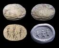 Ancient art XL Egypt steatite scarab depicting three Bes figures, 31 mm. -