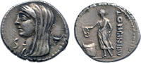 Ancient coins Roman Republic: High quality AR silver denarius L. Cassius Longinus. 60 BC. -
