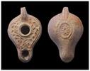Ancient art Nice Late Roman terracotta oil lamp w vine-tendrils and workshop mark -