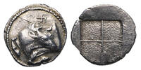 Ancient coins Greek coins: Lovely Macedonia Arcanthus Tetrobol 4th. Cent. B.C. Bull, Swastika above / Incus -
