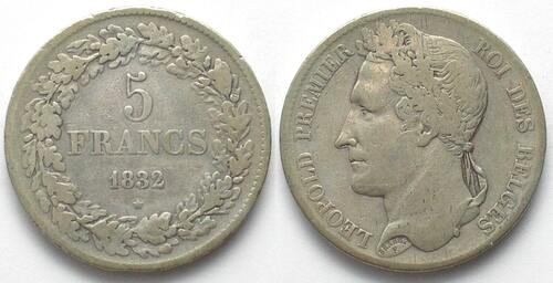 Belgien  BELGIQUE 5 Francs 1832 LEOPOLD Ier Pos. B argent TTB- ANNEE RARE!