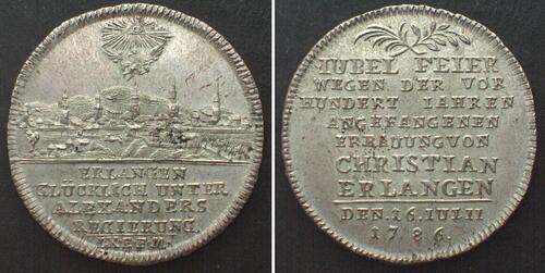BRANDENBURG-ANSBACH 1/4 Thaler 1786, 100th Ann. NEUSTADT-ERLANGEN silver UNC! FDC-