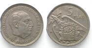 Spanien SPAIN 5 Pesetas 1957(75) - ERROR clipped flan - FRANCO Cu-Ni aXF -