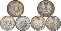 Serbia 1 Dinar & 2 Dinara (3pcs) Peter I. Silver 1 Dinar & 2 Dinara Coins. KM-25.3 (scarce variation!) -