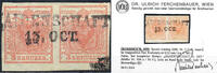 Österreich 1850 o - 2 x 3 Kreuzer Handpapier - Nr.3 H Ib, rosarot - waagr. Paar - Attest Dr. Ferchenbauer -