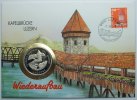 Schweiz Guinea Equatorial 80 Rappen, 1000 Francos Wiederaufbau Kapellbrücke Luzern -