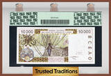 Welt Banknoten 10000 FRANCS TT PK 714K 1998-99 WEST AFRICAN STATES  HUGE ERROR MISSING # PCGS 58 A RARE AND BEAUTIFUL WEST AFRICAN STATES BANKNOTE WITH A HUGE PRINTING ERROR . THE SERIAL NUMBER IS TOTALLY MISSING! IN ALL OUR