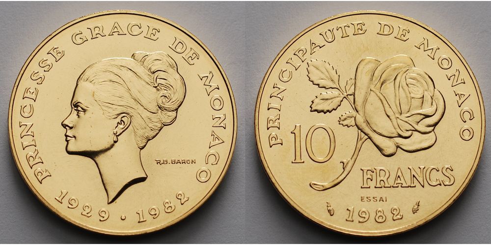 Monako 10 Francs, 19,45g fein 26,00 mm Ø 1982 Monaco -Grace Kelly-Essais-  SELTEN-RAR mit Kapsel & orig.Etui & Zertifikat SELTEN-RAR- FDC | MA-Shops