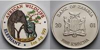 Sambia/Zambia 5000 Kwacha<br>1 oz<br>Ø 39 mm Elefant - African Wildlife 3. Ausgabe <b>farbig</b> in Kapsel -