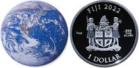 Fiji / Fidschi 1 Dollar Earth farbig/blau 40 mm Ø 2022 Blue Marble (Dome shaped) - Spherical Coin, inkl. Zertifikat und Etui RAR! FB 1 Unze  Silb...